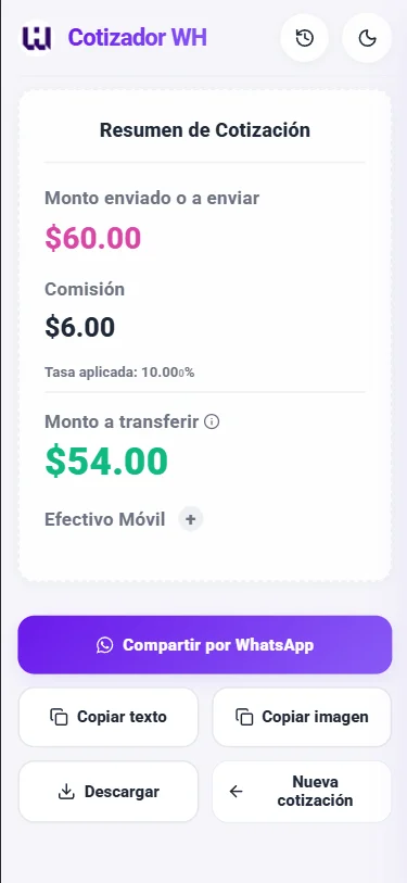 Resultado actual de cotización mostrado en Cotizador WH. Modo claro.