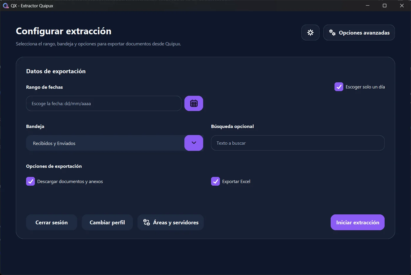 Configuración de extracción de QX - Extractor Quipux en modo oscuro