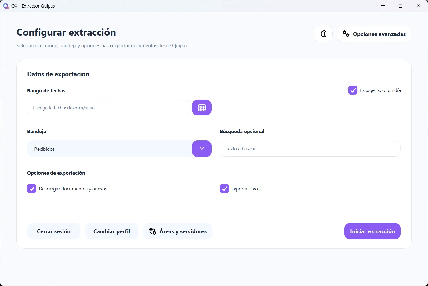 Configuración de extracción de QX - Extractor Quipux