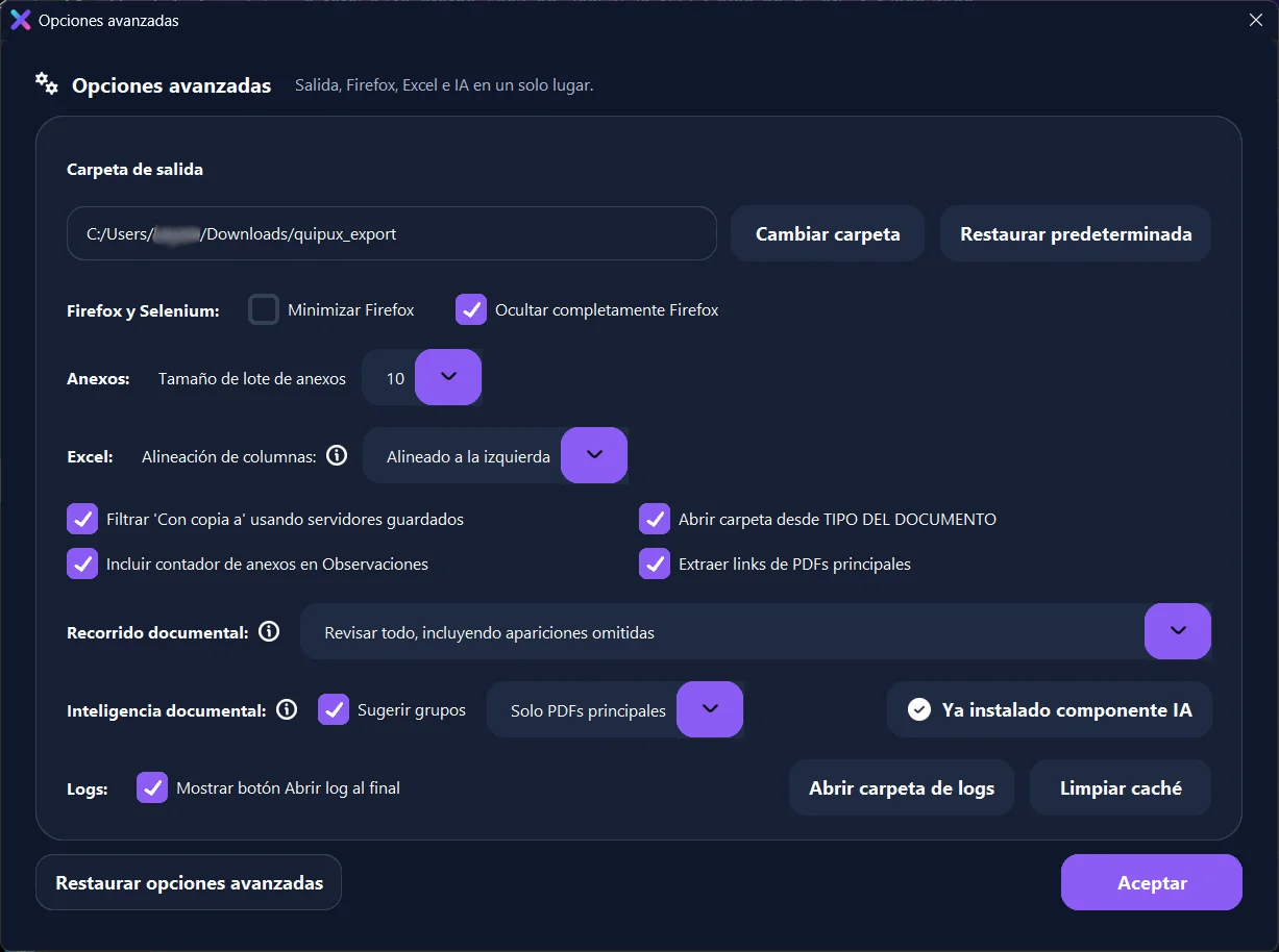Opciones avanzadas de QX - Extractor Quipux en modo oscuro