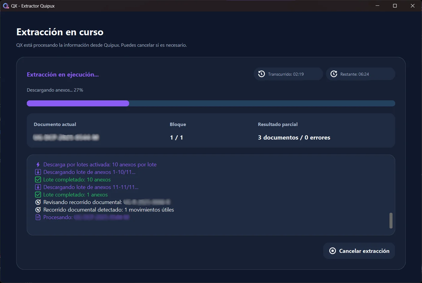 Ejecución del proceso de QX - Extractor Quipux en modo oscuro