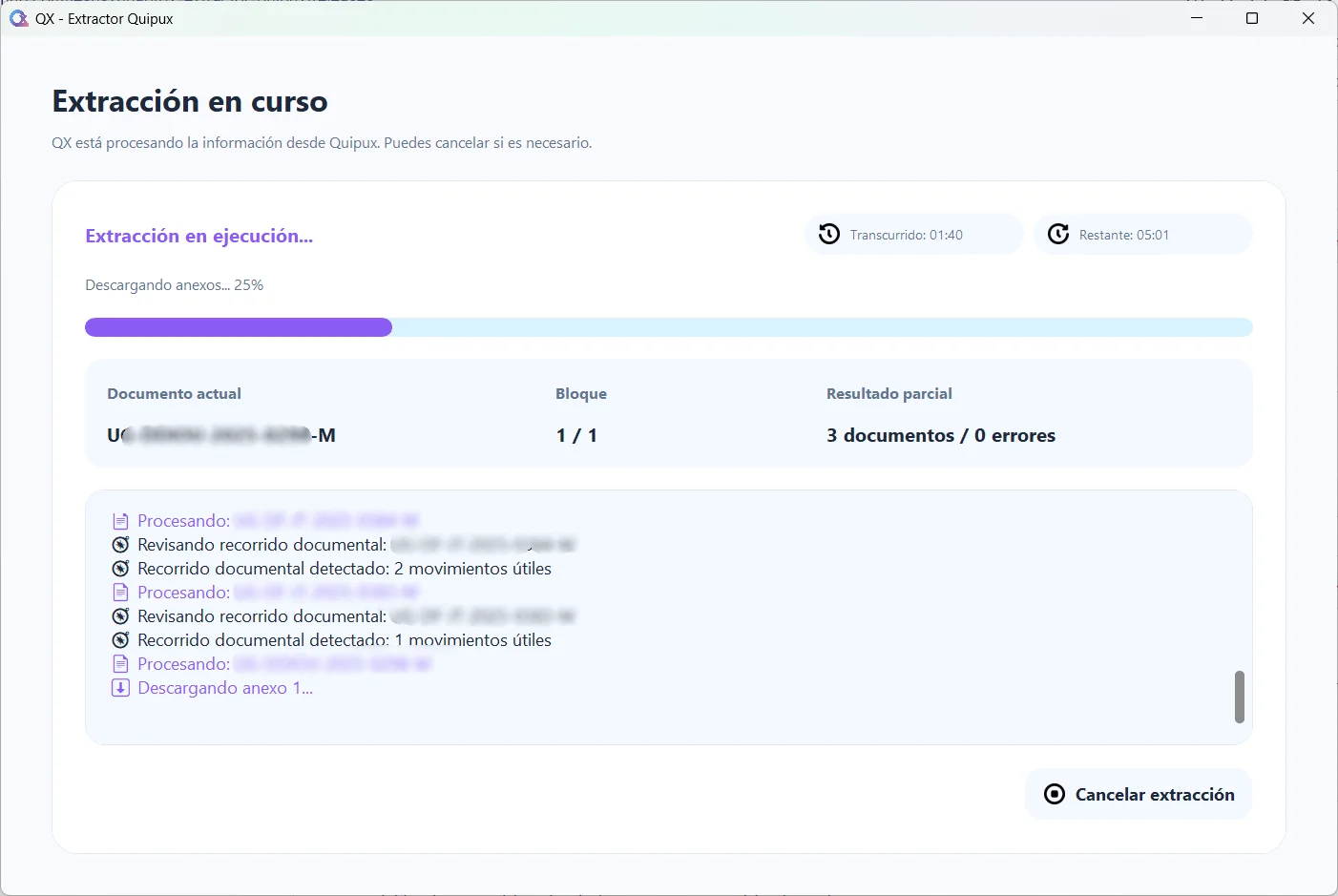Ejecución del proceso de QX - Extractor Quipux